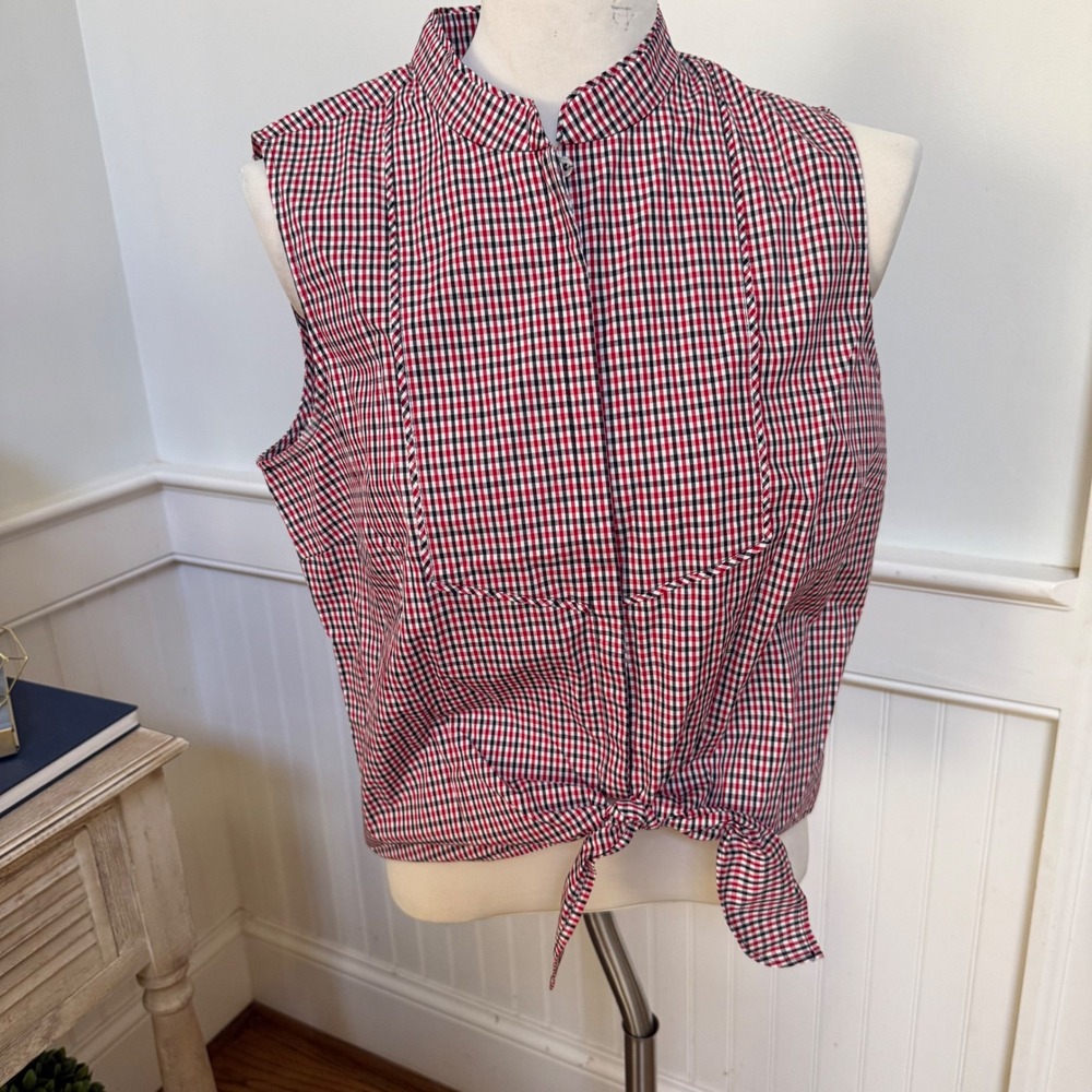 NWT Brooks Brothers Red Gingham Sleeveless Tie Front Mandarin Collar Shirt Sz 12